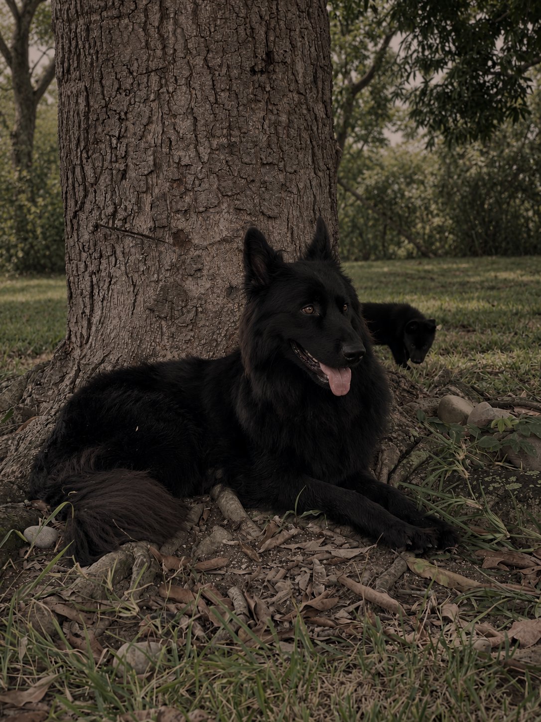 Pastor alemán negro de pelo largo echado junto a un árbol, con un cachorro detrás